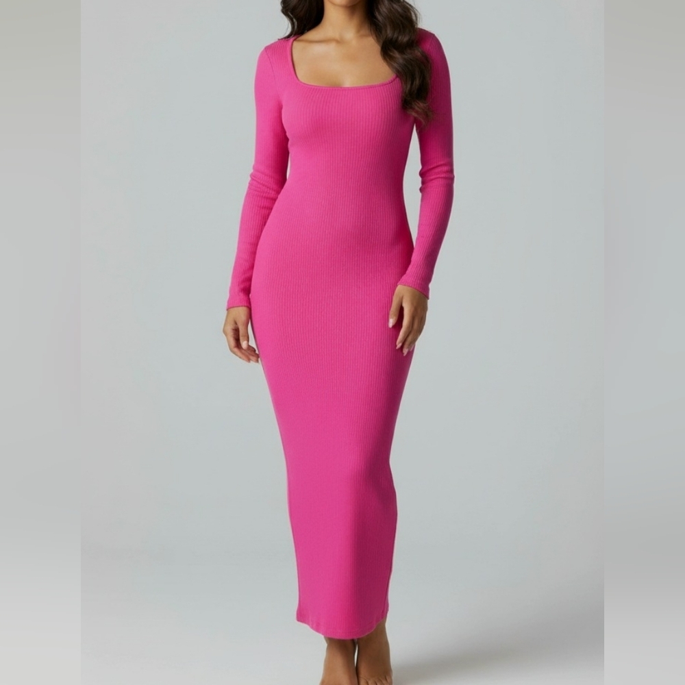 Pink Long Sleeve Bodycon Maxi Dress